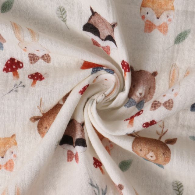 Tissu Double gaze de Coton Les Petits Compagnons sur fond Ecru