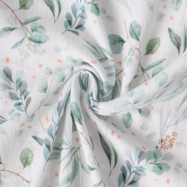 Tissu Double gaze de Coton Ysée feuillage Vert sur fond Blanc