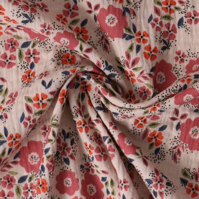 Tissu Double gaze de Coton Sylvaine fleurs Rouges sur fond Beige sable