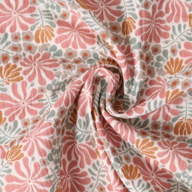 Tissu Double gaze de Coton Eulalie fleurs Rose poudré sur fond Blanc