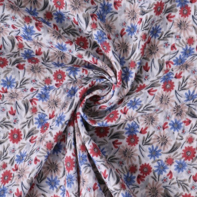 Tissu Double gaze de Coton Alméria fleurs Bleues et Rouges sur fond Blanc