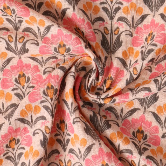 Coupon Tissu Double gaze de Coton Capucine fleurs Roses sur fond Beige - Coupon de 140 cm