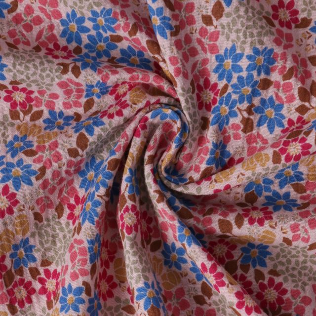 Coupon Tissu Double gaze de Coton Callista fleurs Bleues sur fond Vieux rose - Coupon de 150 cm