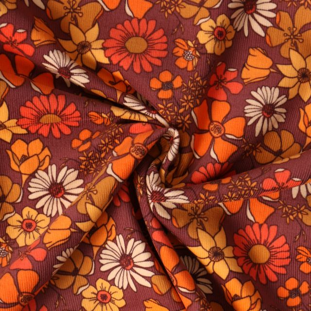 Tissu Velours Côtelé  Rosalia fleurs Orange vif sur fond Bordeaux