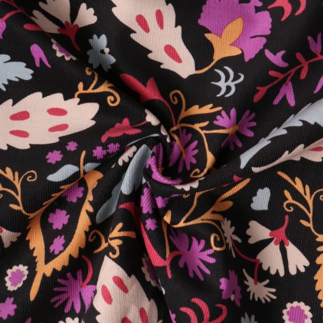 Tissu Velours Côtelé  Séphira fleurs Roses sur fond Noir