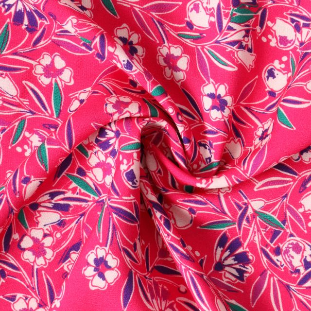 Tissu Viscose Rosa Bahia fleurs Blanches sur fond Rose fuchsia
