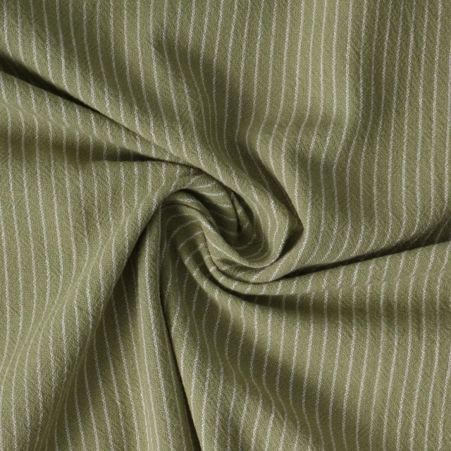Tissu Polycoton  Hugo rayures Blanches 3mm sur fond Vert olive