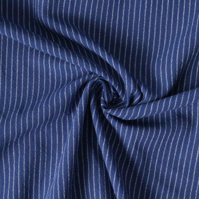 Tissu Polycoton Louis rayures Blanches 3 mm sur fond Bleu marine