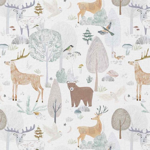 Tissu Popeline de Coton  Foret de Brocéliande sur fond Blanc