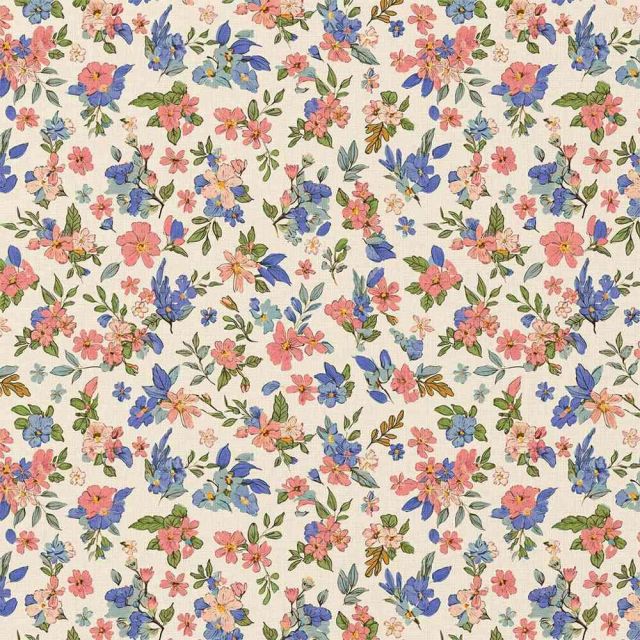 Tissu Coton imprimé Liberty Garden fleurs Roses et Bleues sur fond Ecru