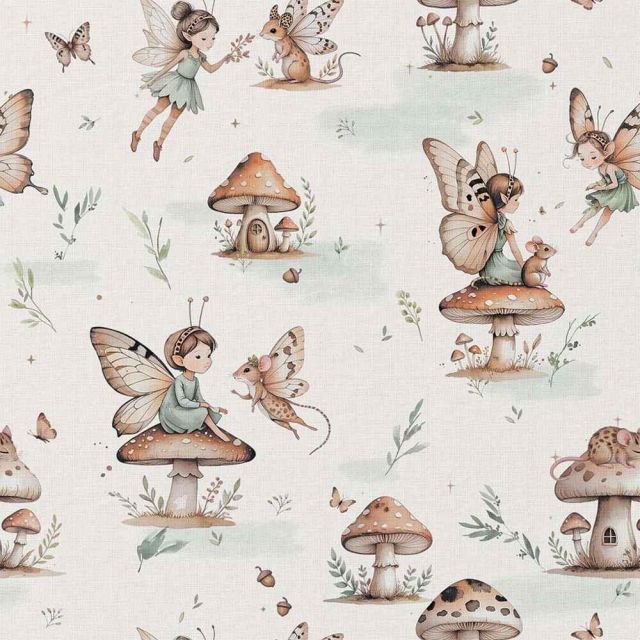 Tissu Coton imprimé Naïa fées et champignons sur fond Blanc cassé