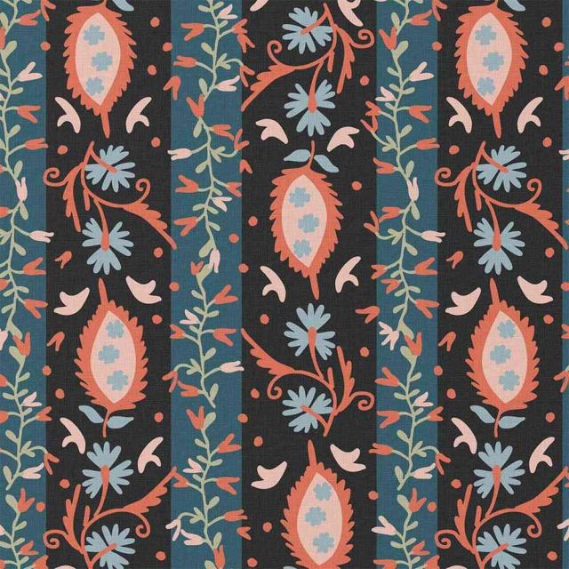 Tissu Coton imprimé Celestina fleurs Corail sur fond Noir