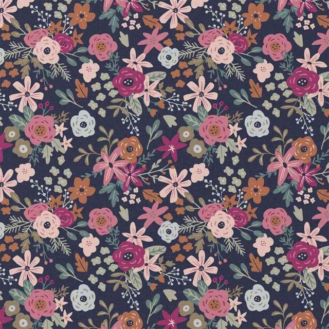 Tissu Coton imprimé Amadora fleurs Roses sur fond Bleu nuit