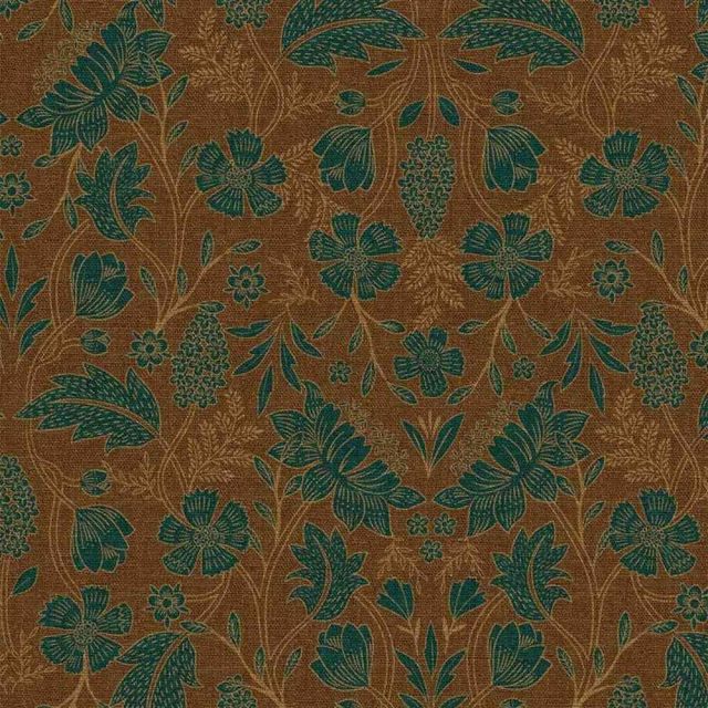 Tissu Toile Canvas Artemisia fleurs et feuilles Vertes sur fond Brun