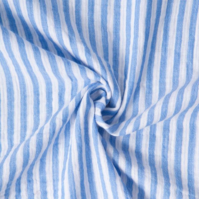 Tissu Double gaze de Coton Gipsy Rayé Bleu ciel sur fond Blanc