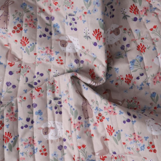 Tissu Matelassé Coton réversible  La Prairie Enchanté sur fond Vieux rose