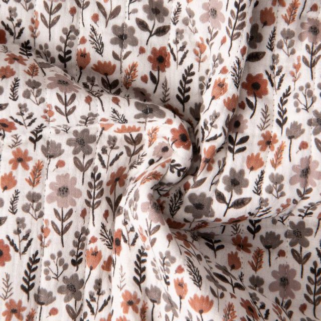 Tissu Matelassé Double gaze réversible Léonie fleurs Terracotta sur fond Ivoire