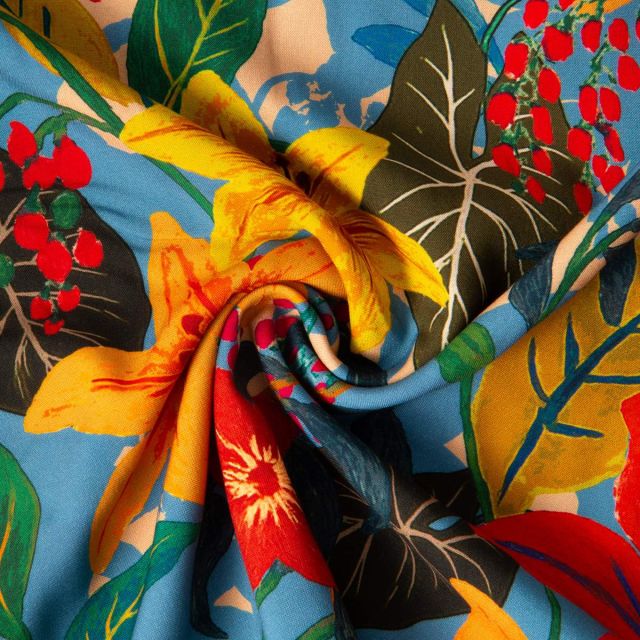 Tissu Viscose imprimé Arty Fleuris Madid sur fond Bleu ancien