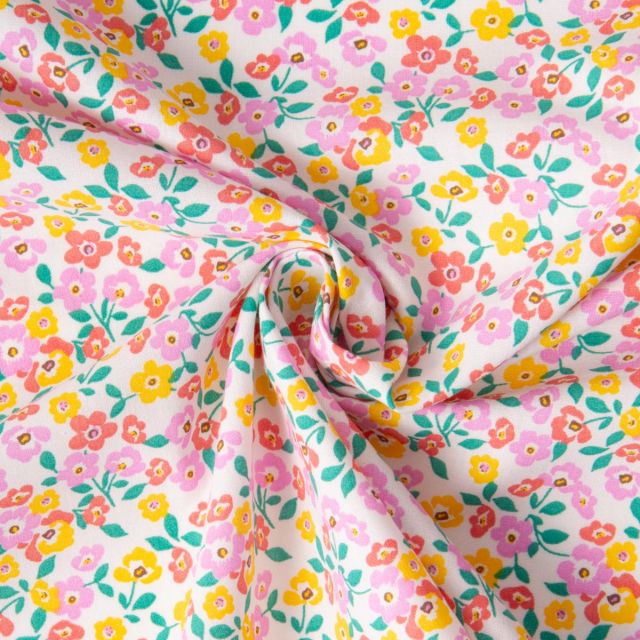 Coupon Tissu Coton imprimé Arty Thali tapis de petites Fleurs sur fond Blanc - Coupon de 100 cm