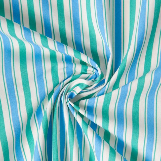 Tissu Coton imprimé Arty Lydia rayures Vert jade et Bleu ciel sur fond Blanc
