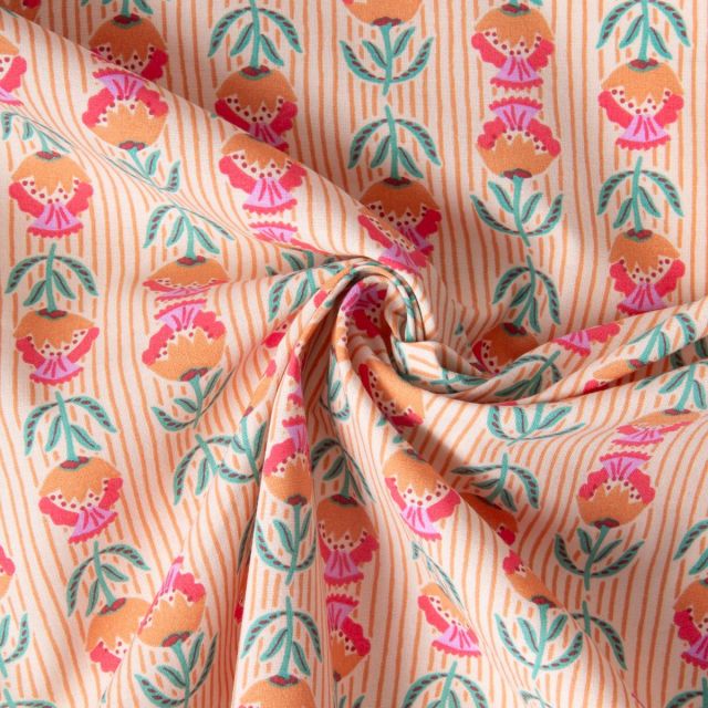 Tissu Coton imprimé Arty Suri rayures fleurs rétro sur fond Beige sable