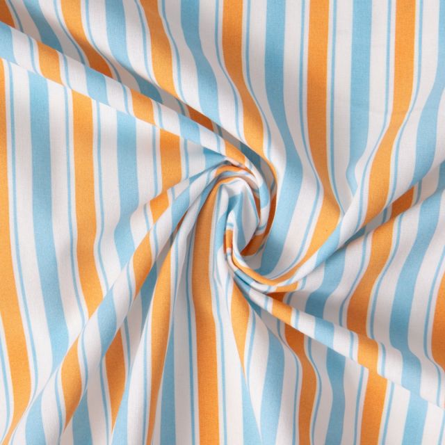 Tissu Coton imprimé Arty Lydia rayures Bleu et Orange sur fond Blanc