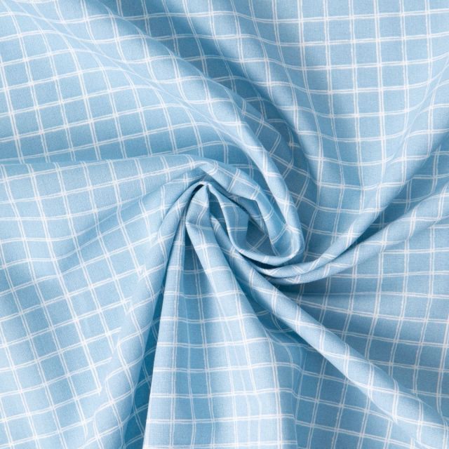 Tissu Coton imprimé Arty Jules quadrillage Blanc sur fond Bleu clair