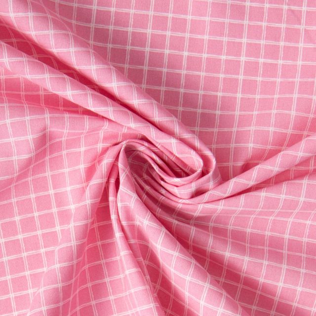 Tissu Coton imprimé Arty Jules quadrillage Blanc sur fond Rose
