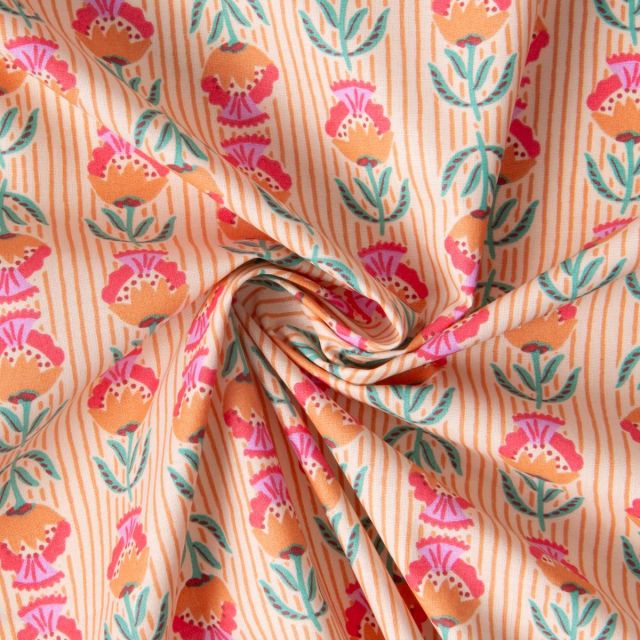 Tissu Coton enduit Suri rayures fleurs rétro sur fond Beige sable