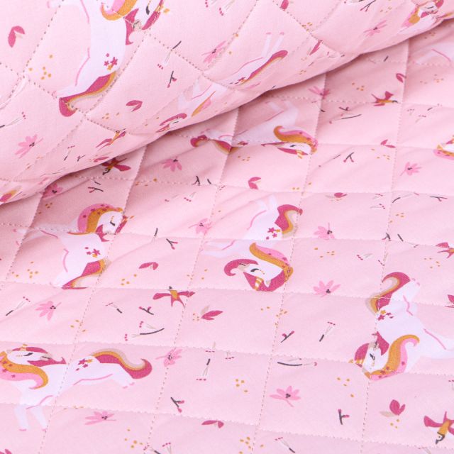 Coupon Tissu Matelassé Licornes et petites fleurs sur fond Rose - Coupon de 20 cm