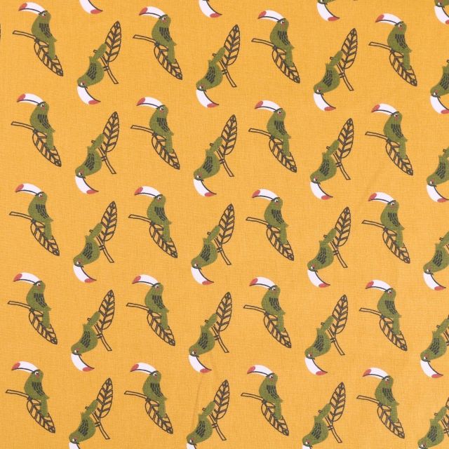 Tissu Coton imprimé Arty Toucans Kaki bordeaux et noirs sur fond Moutarde - coupon de 3 m