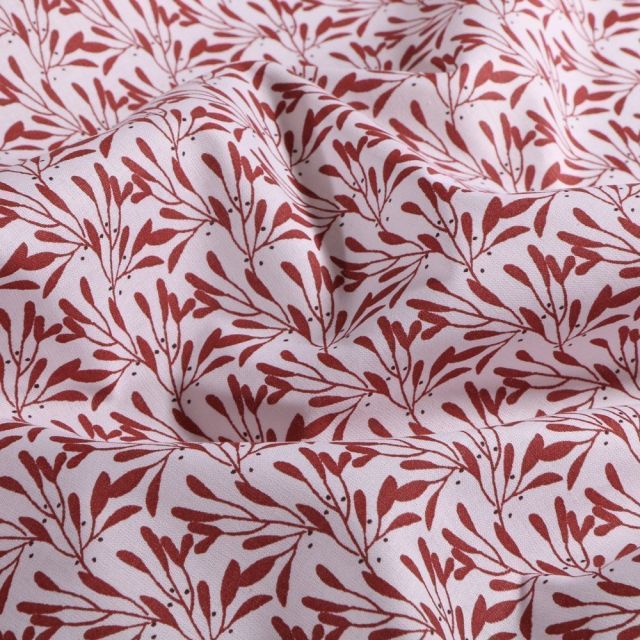 Tissu Coton imprimé Arty Feuilles d'olivier bordeaux sur fond Blanc - Coupon de 3 mètres