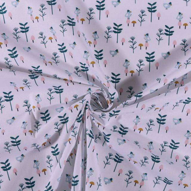 Tissu Coton imprimé Petits oiseaux et branches sur fond Blanc - Coupon de 3 mètres