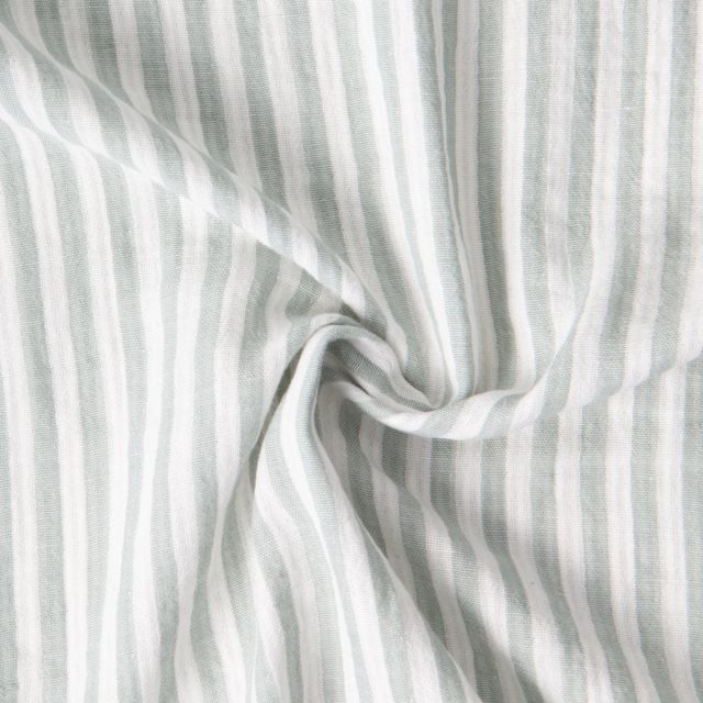 Tissu Double gaze de Coton Gipsy Rayé Vert de gris sur fond Blanc cassé
