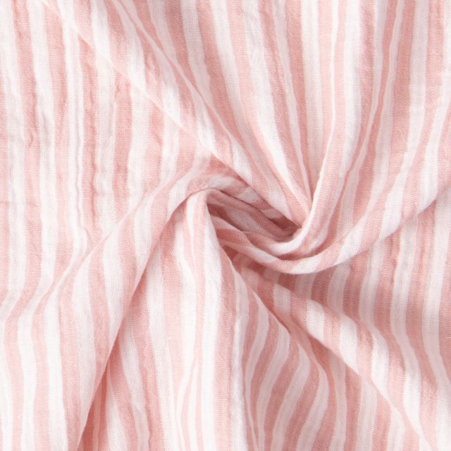 Tissu Double gaze de Coton Gipsy Rayé Vieux rose sur fond Blanc cassé
