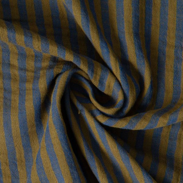 Tissu Double gaze de Coton Gipsy Rayé cobalt sur fond Bronze