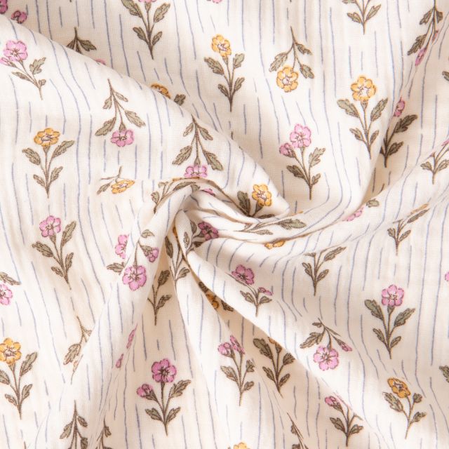 Tissu Double gaze de Coton Aesa petites fleurs Rose et Abricot sur fond Blanc cassé