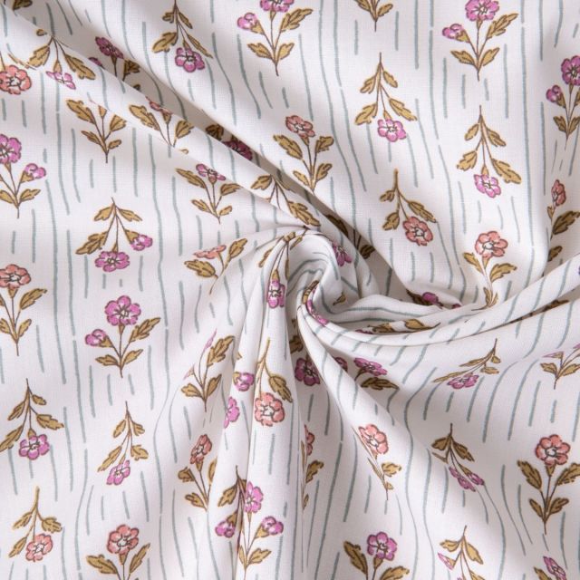 Tissu Coton imprimé Arty Fleuris rayé Aesa sur fond Ecru