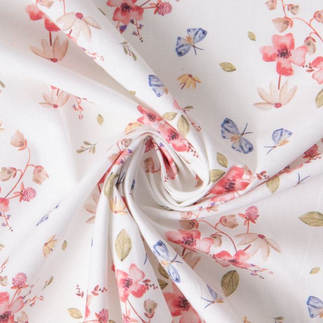 Tissu Coton imprimé digital Fleuris Amael sur fond Ecru