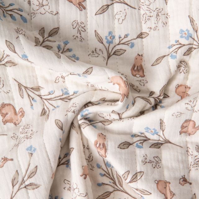Tissu Matelassé Coton réversible Ariella Animaux de la forêt sur fond Ecru