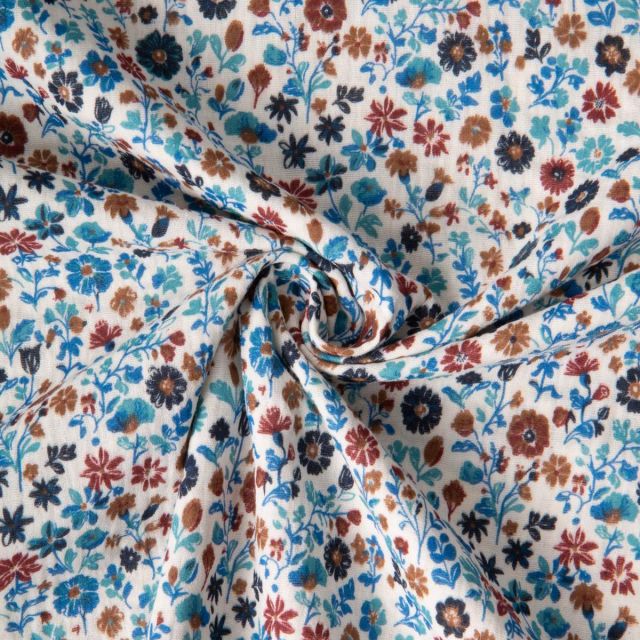 Tissu Double gaze de Coton Fleuris bleu Arya sur fond Ecru