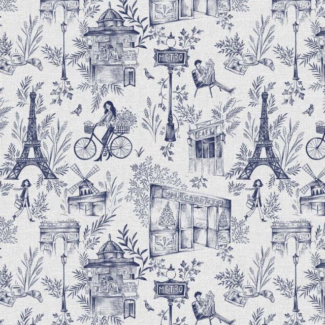 Coupon Tissu Toile de Coton Paris Bleu sur fond Blanc - Coupon de 20 cm