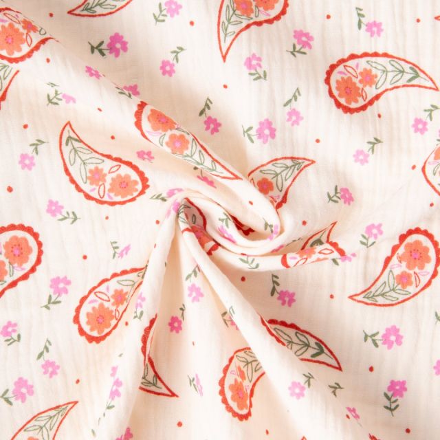 Tissu Double gaze de Coton Bandana petites fleurs Rouge sur fond Ecru