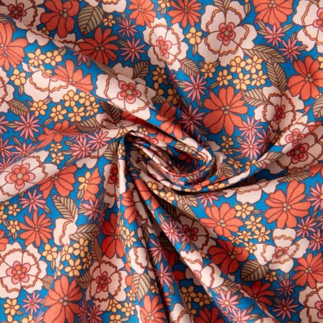 Coupon Tissu Coton imprimé Arty Fleuri Betti sur fond Bleu - Coupon de 100 cm