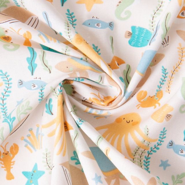 Tissu Coton imprimé Arty Animaux de l'océan Bubly sur fond Jaune pastel