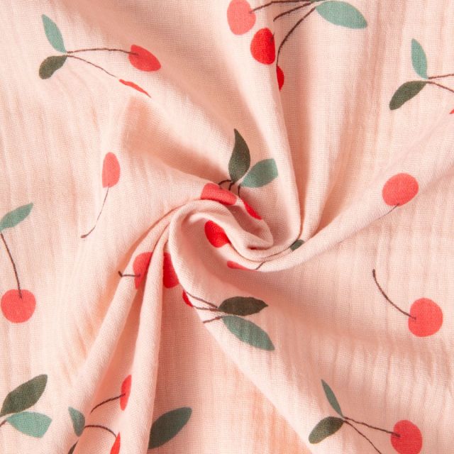 Tissu Double gaze de Coton Cerises Claf sur fond Pêche