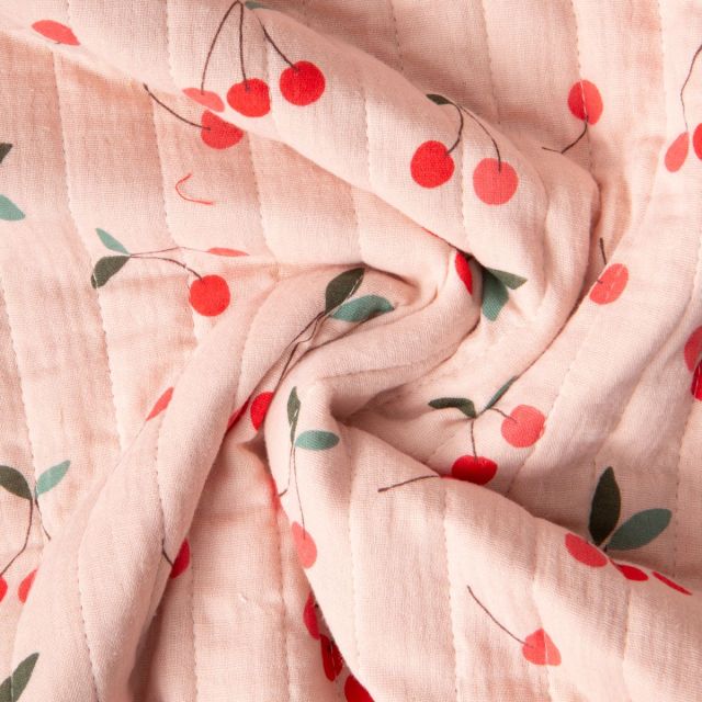 Tissu Double gaze de Coton Matelassé Cerises réversible Seersucker rayé sur fond Pêche