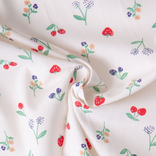 Tissu Coton imprimé Arty Fleurs, fraises et cerises sur fond Blanc