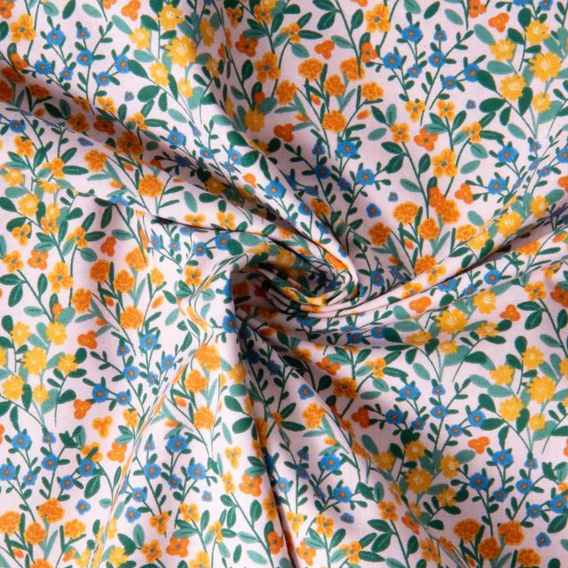 Tissu Coton imprimé Arty Fleuris Deniz sur fond Rose pastel