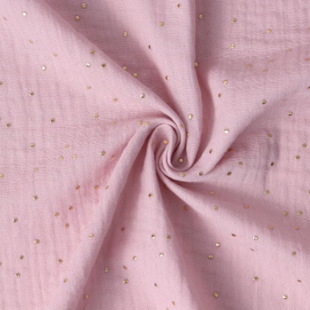 Tissu Double gaze Baya Pois dorés sur fond Rose poudré